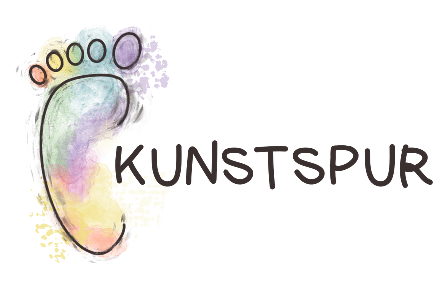 Kunstspur Logo mit farbenfrohem Fußabdruck und Schriftzug „KUNSTSPUR“
