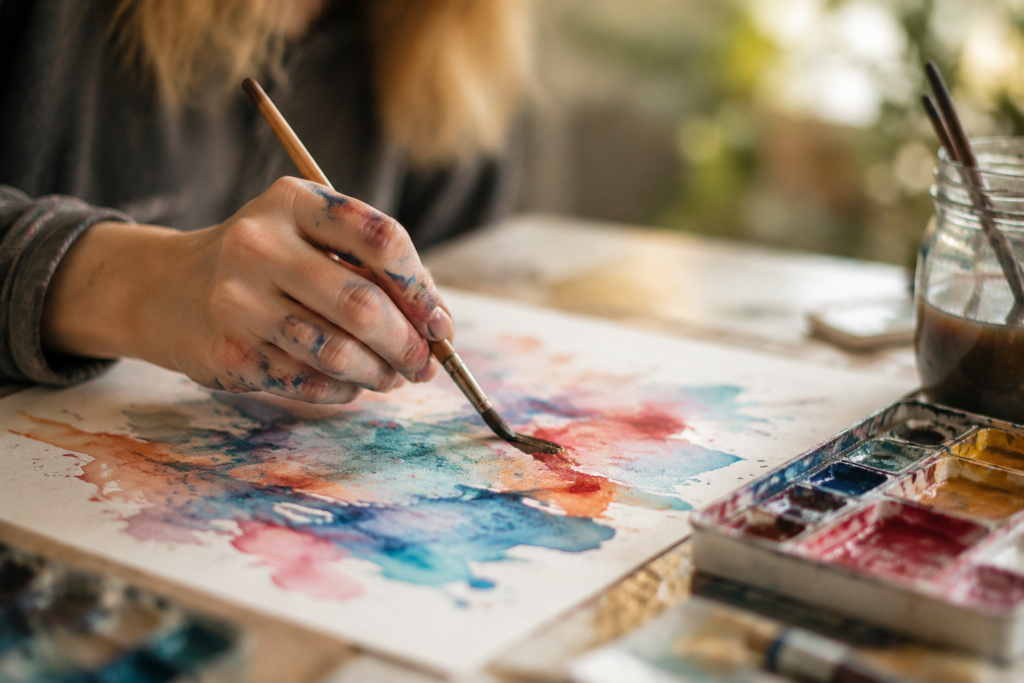 Hand mit Farbresten malt mit Aquarellfarben auf Papier – kreativer Prozess ohne Leistungsdruck in der Kunsttherapie.