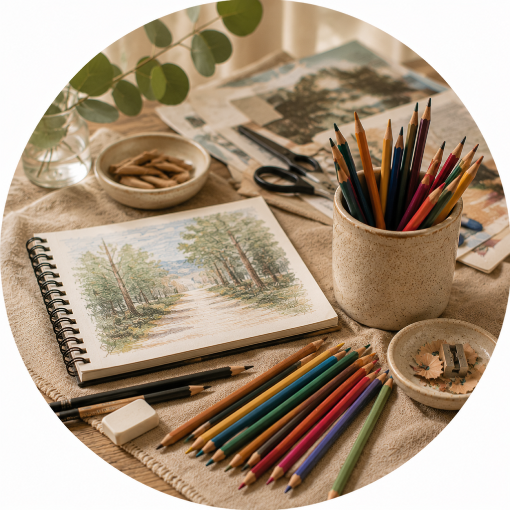 Bleistifte, Buntstifte und Skizzenbuch auf einem Holztisch bei natürlichem Licht – kreative Materialien für die Kunsttherapie.