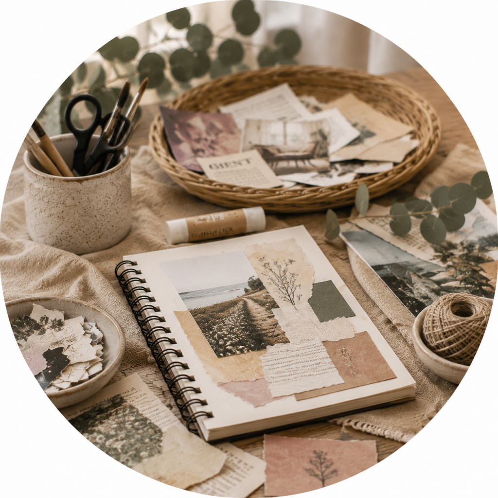 Collage aus Papier, Zeitschriften und Naturmaterialien auf einem Holztisch bei natürlichem Licht – kreative Materialien für die Kunsttherapie.