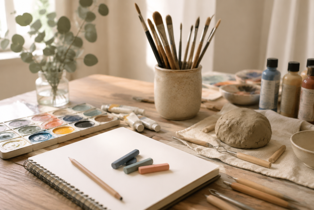 Materialien für eine erste Kunsttherapie-Stunde mit Farben, Ton, Skizzenbuch und kreativen Werkzeugen auf einem Holztisch bei natürlichem Licht.
