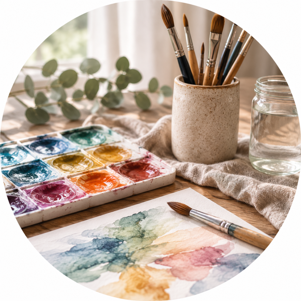 Aquarellfarben, Pinsel und Papier auf einem Holztisch bei natürlichem Licht – kreative Materialien für die Kunsttherapie.