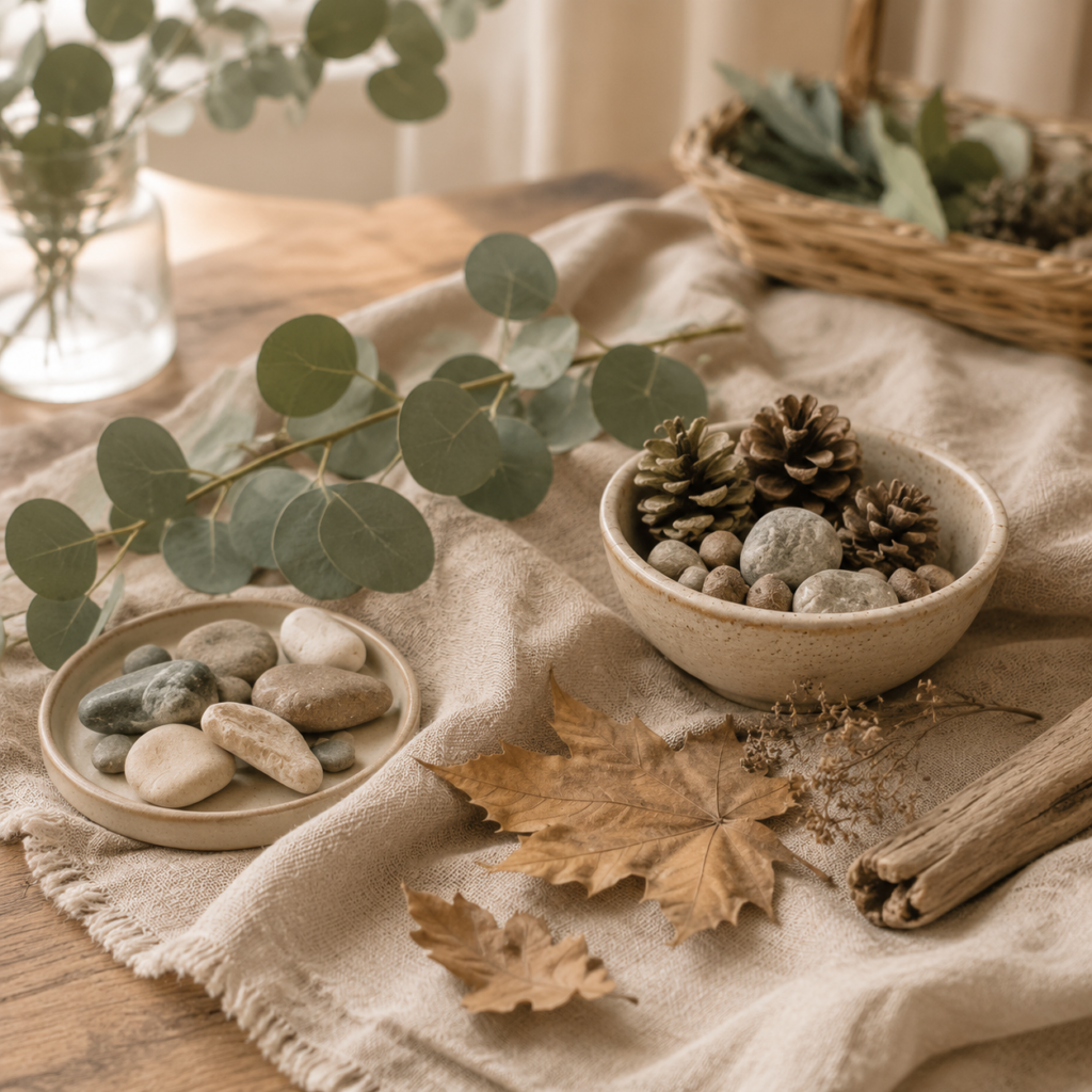 Naturmaterialien wie Blätter, Steine und Zapfen auf einem Leinentuch bei natürlichem Licht – kreative Materialien für die Kunsttherapie.