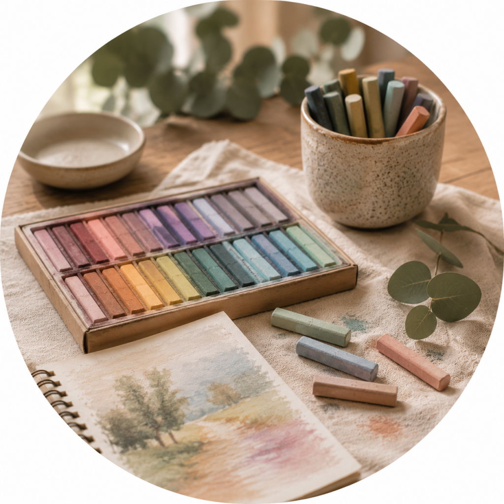 Pastellkreiden, Skizzenbuch und kreative Materialien auf einem Holztisch bei natürlichem Licht – Materialien für die Kunsttherapie.