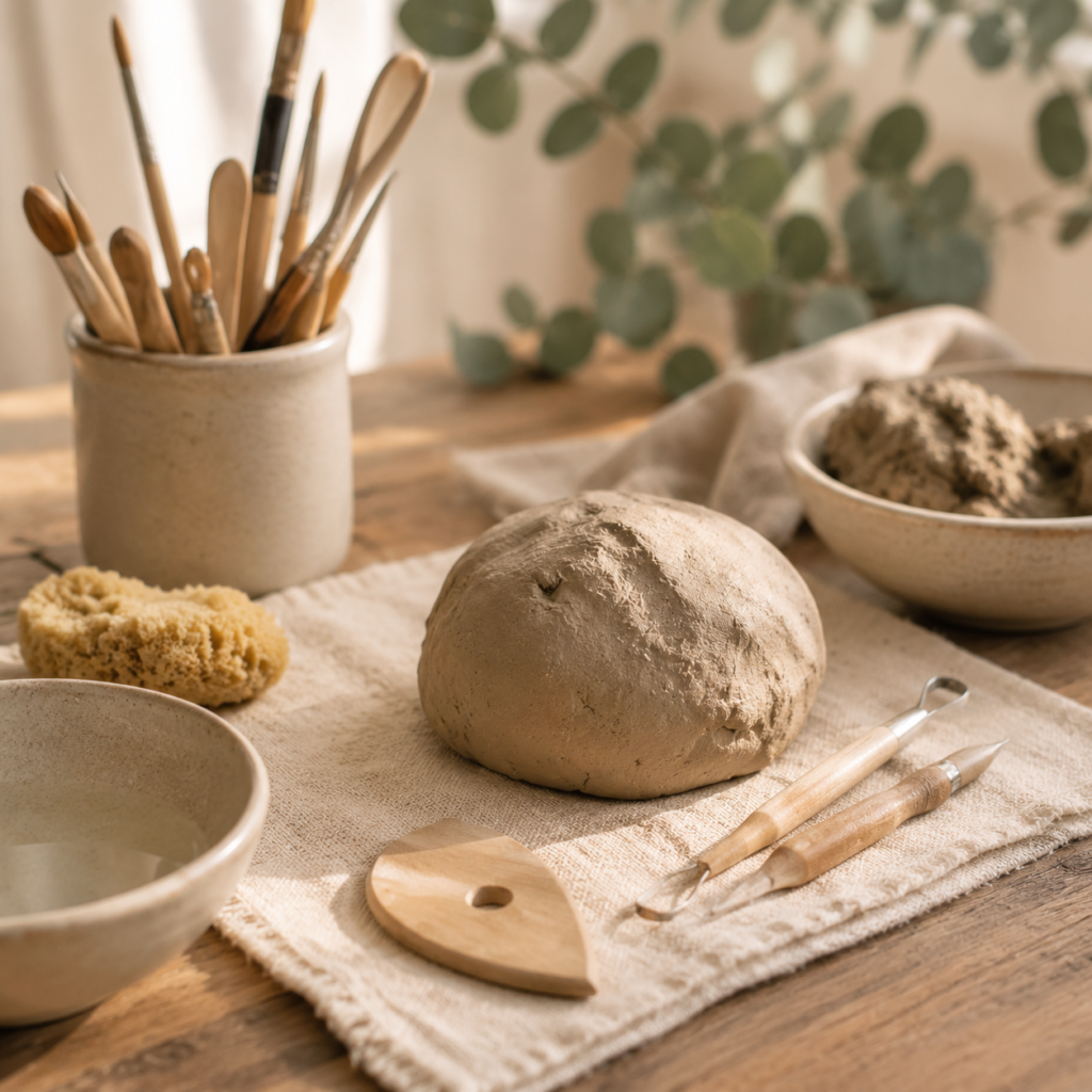 Ton, Modellierwerkzeuge und Keramikschalen auf einem Holztisch bei natürlichem Licht – kreative Materialien für die Kunsttherapie.