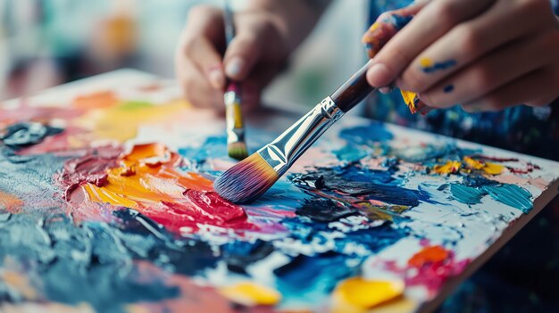 painter mixing colors palette with vibrant paint splatters white table 1285098 4014