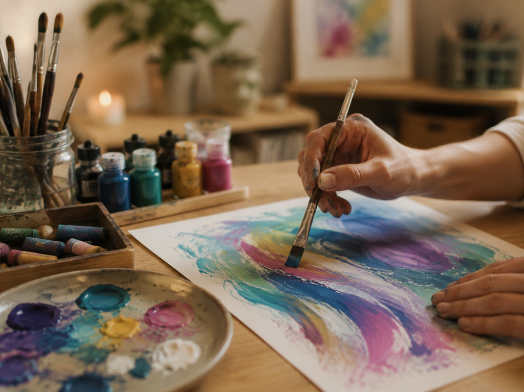 Hand gestaltet mit einem Pinsel ein abstraktes Bild in leuchtenden Farben – kreativer Prozess beim Ausdrucksmalen ohne Bewertung.