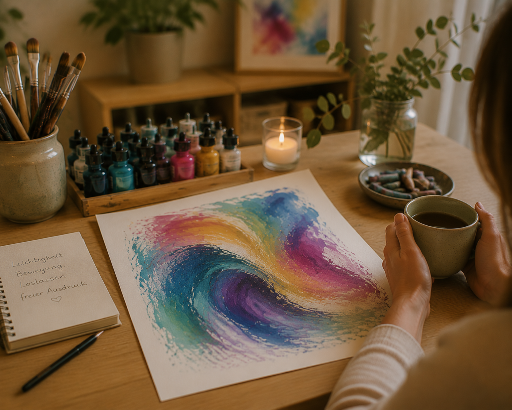 Person betrachtet nach dem Ausdrucksmalen ihr fertiges Bild und hält eine Tasse Tee in den Händen. Das entstandene Kunstwerk darf in ruhiger Atmosphäre nachwirken.