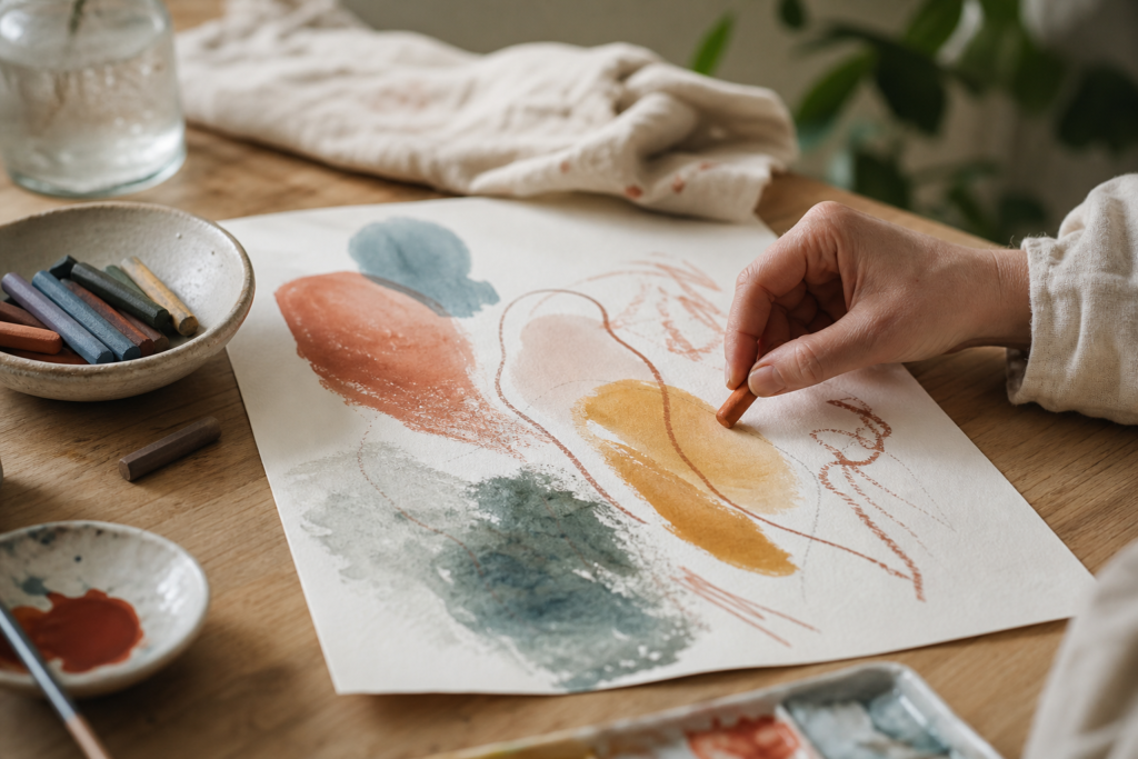 Verschiedene Farben und Formen entstehen frei auf einem großen Papier
