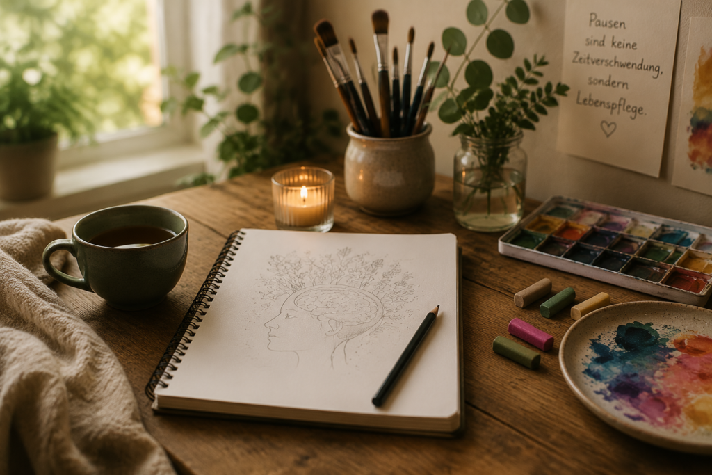 Skizzenbuch mit einer Zeichnung eines Gehirns auf einem kreativen Arbeitsplatz mit Farben, Pinseln und einer Tasse Tee – Symbol für mentale Erholung durch kreative Pausen.