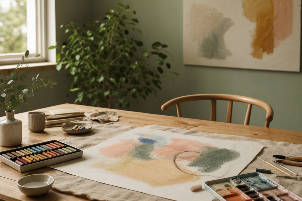 Ruhiger kunsttherapeutischer Arbeitsplatz mit Bild und ausgewählten Materialien