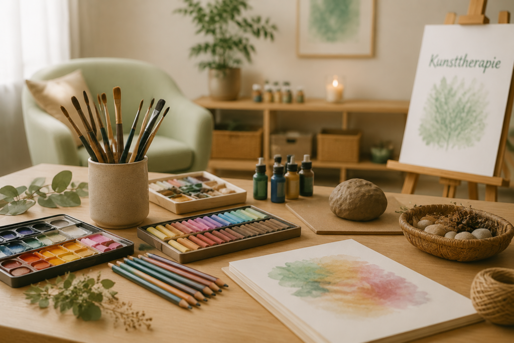 Kreativmaterialien wie Farben, Pinsel, Pastellkreiden und Ton liegen auf einem Holztisch bereit – kreativer Einstieg in eine Kunsttherapie-Sitzung.