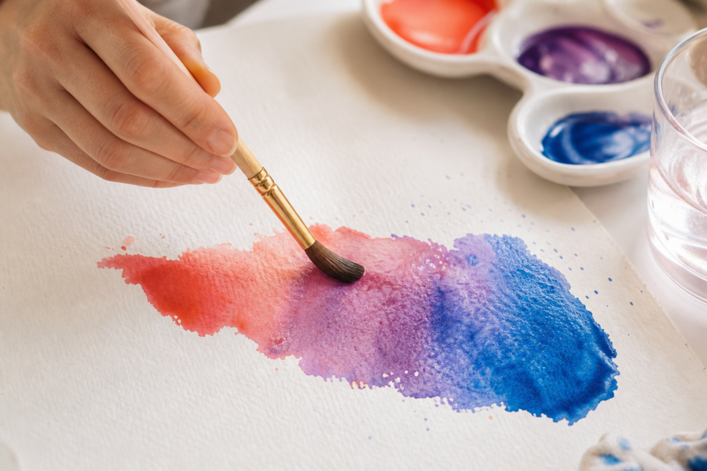 Ein Pinsel verbindet rote, violette und blaue Aquarellfarbe auf Papier