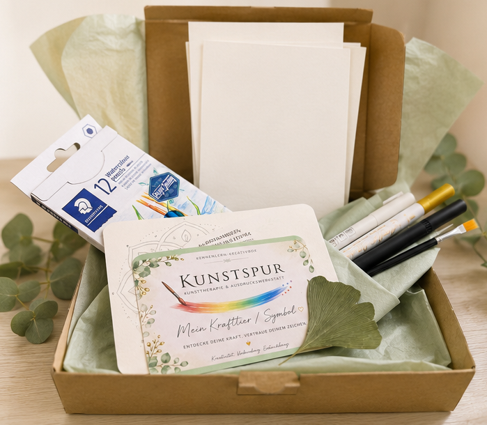 Geöffnete Kennenlern-KreativBox mit hochwertigen Kreativmaterialien und Achtsamkeitsimpuls