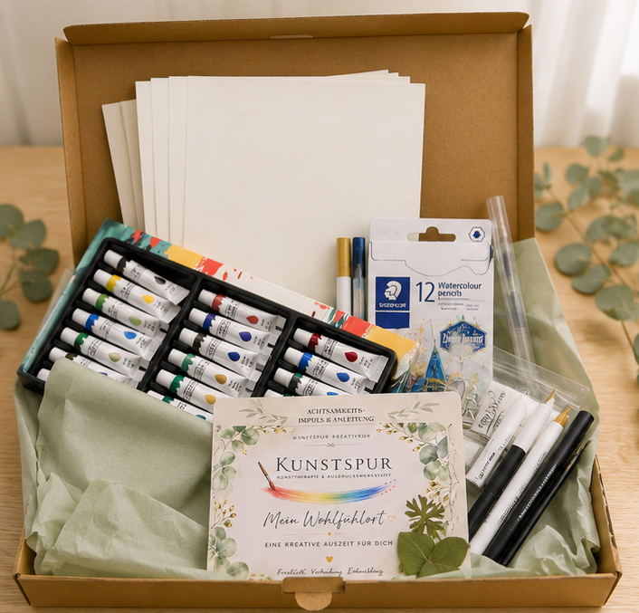 Hochwertige Aquarellfarben, Papier, Pinsel und kreative Materialien der Kunstspur KreativBoxen.
