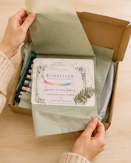 Geöffnete KreativBox mit Materialien für Biografiearbeit und kreative Erinnerungsgestaltung.