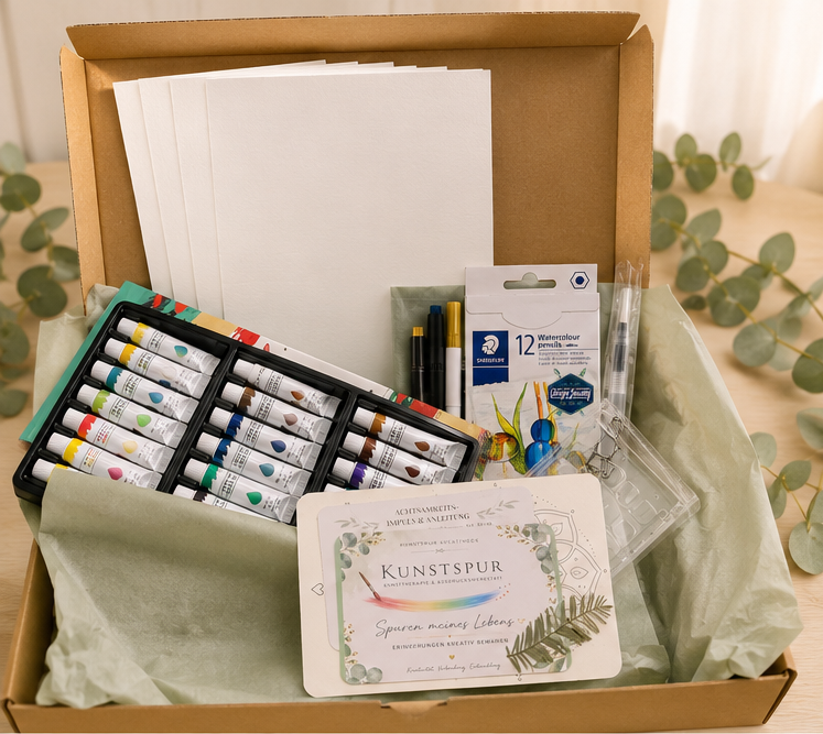 Geöffnete KreativBox mit Materialien für Biografiearbeit und kreative Erinnerungsgestaltung.