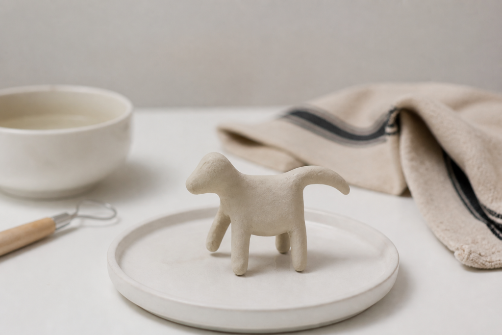 Kleine fertige Tierfigur aus hellem Ton auf einem Keramikteller