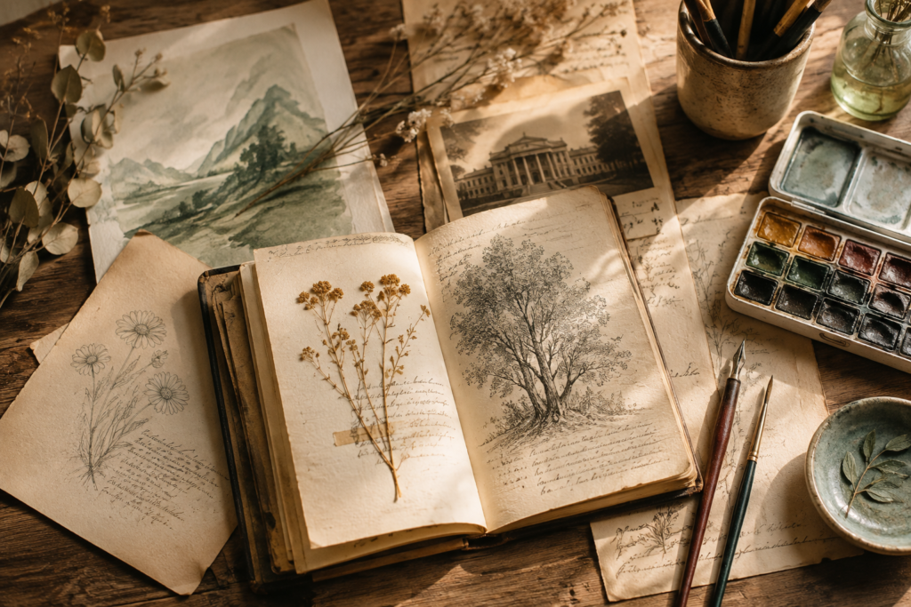Historisches Skizzenbuch mit botanischen Zeichnungen, Aquarellfarben und getrockneten Pflanzen als Symbol für die Entwicklung der Kunsttherapie.