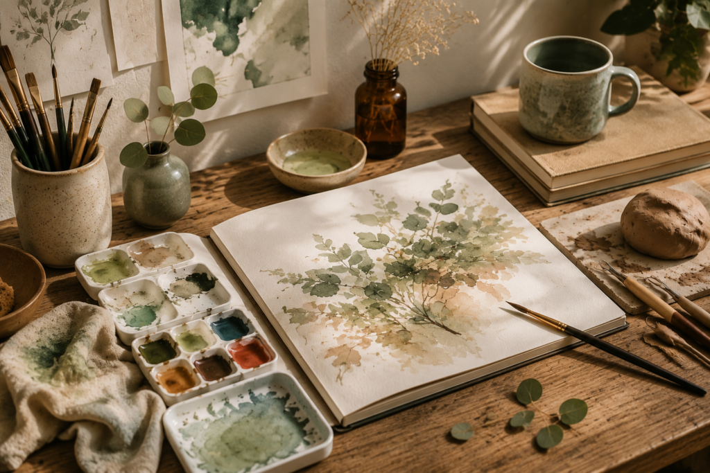 Kreativer Arbeitsplatz für Kunsttherapie mit Aquarellfarben, Pinseln, Ton, Skizzenbuch und Naturmaterialien in einer ruhigen, warmen Atelieratmosphäre.