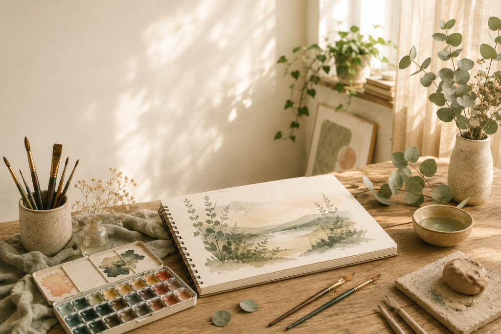 Kreativer Arbeitsplatz mit Aquarellfarben, Pinseln, Ton und Naturmaterialien als Symbol für Kunsttherapie und kreativen Ausdruck.