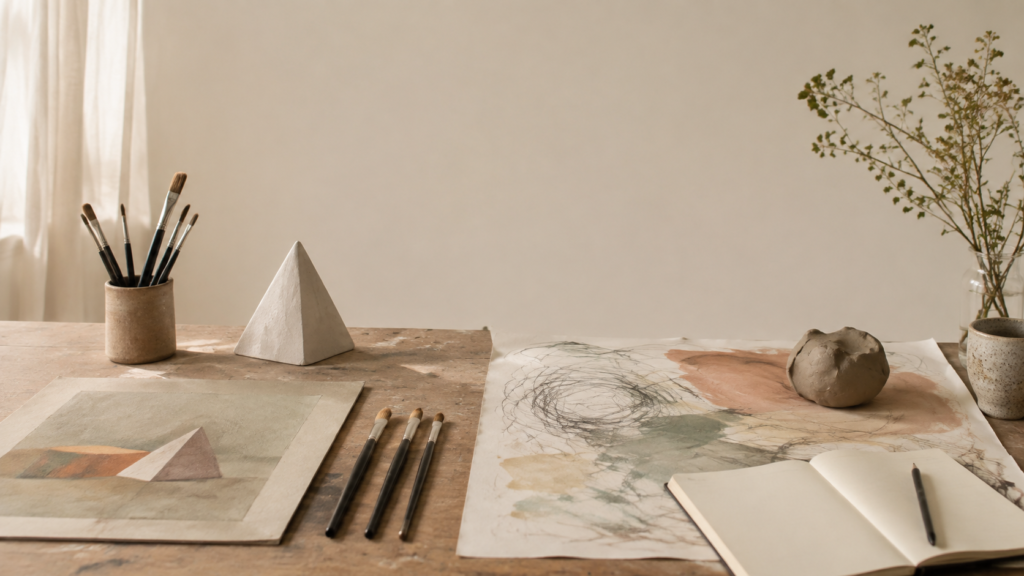 Kreativer Arbeitsplatz mit zwei Gestaltungswegen als Vergleich von Kunstkurs und Kunsttherapie